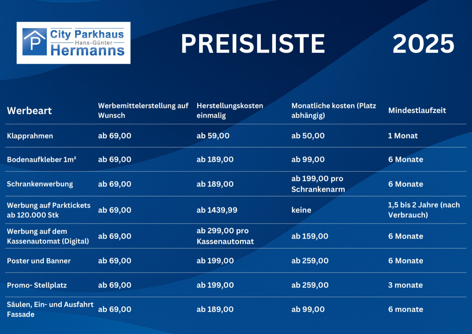 Preisliste 2025: Tabelle der Werbeflächen mit Preisen und Laufzeiten